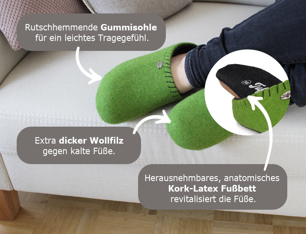 Tuffeln Filzpantoffeln mit Korkfußbett Auszeit